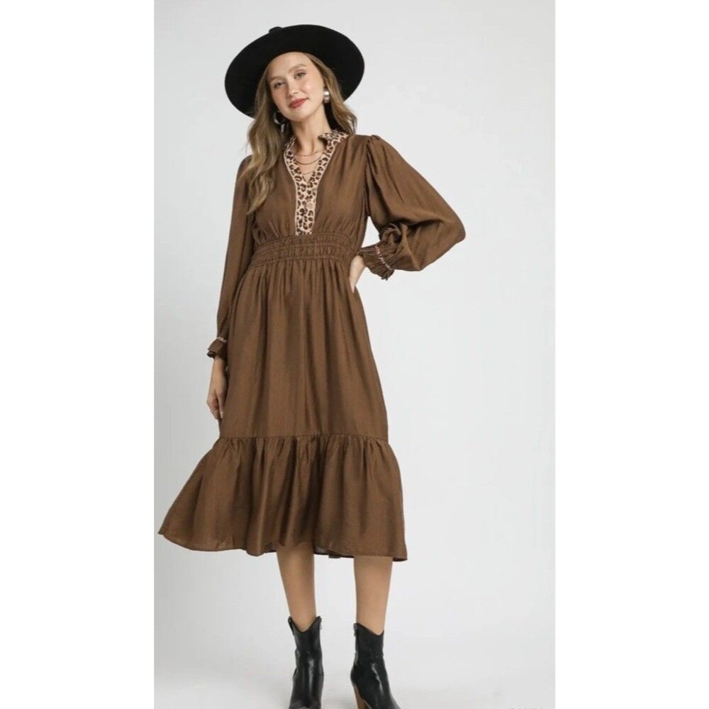 Umgee Womens Brown Leopard Midi Dress Size 1XL Ruffle Viscose Blend Lined Flowy